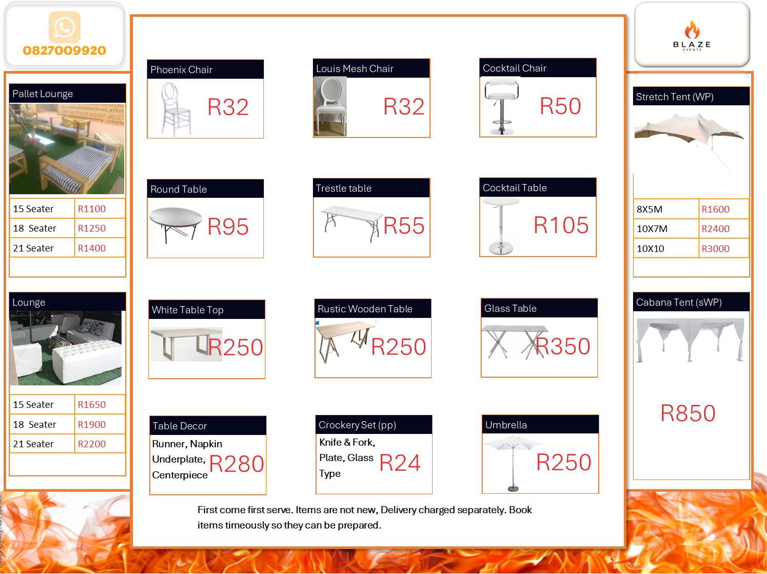 Pricelist for our variety of items for rental